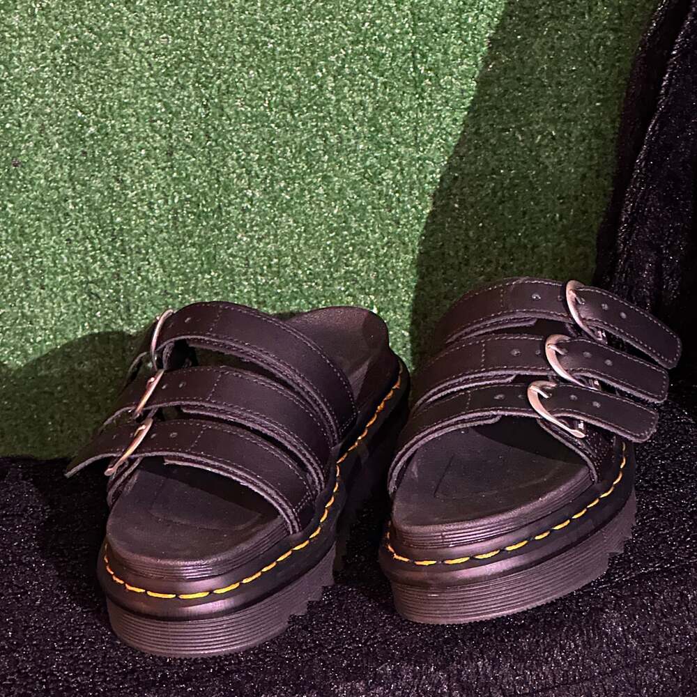 (NEW) Dr. Martens Blaire Black Hydro Leather Slide Sandals